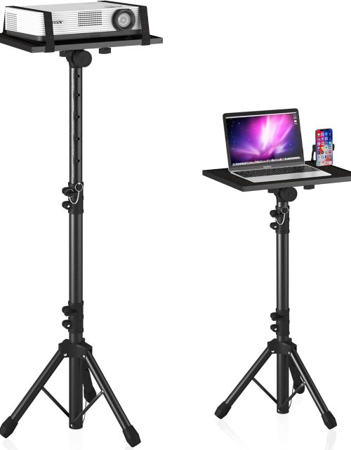 Projector Stand Tripod from 23" to 46", Laptop Tripod Stand Height Adjustable with Gooseneck Phone Holder, Laptop Floor Stand for Office, Home, Stage, Studio, DJ Racks Holder Mount